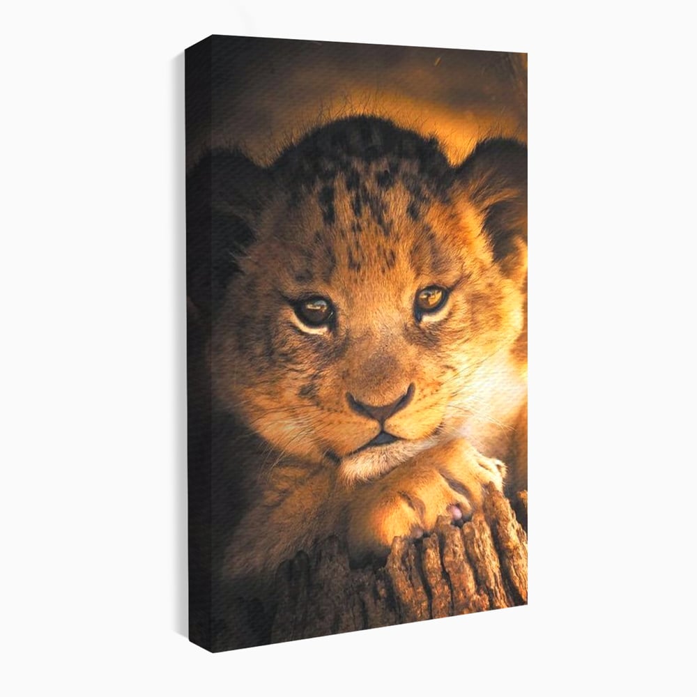 Tablou canvas cu tablou canvas cu portret de pui de leu, fara rama, pe sasiu de lemn